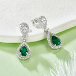 S925 Silver 3.5g Platinum Plated 1.6ct Lab-Created Emerald Drop Earrings, 7x5mm Pear Cut, Pair