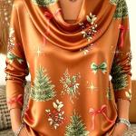 Autumn Christmas Tree Bow Print Turtleneck Printed Long-Sleeve Womens Top