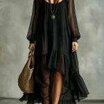 Women's Fashion Pure Color Mesh Irregular Flowy Dress