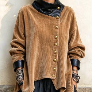 Corduroy And Leather Patchwork Asymmetrical Stand-collar Coat