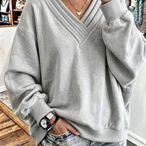 Women's Solid Color Loose V-neck Brushed Hoody