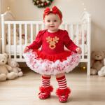 Baby Christmas Long-sleeve Cartoon Romper Dress Red Tulle One-piece Outfit Four-piece Set