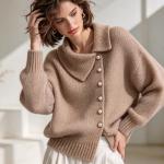 Cardigan Asymmetric Wide Collar Pearl Buckle Knitted Sweater