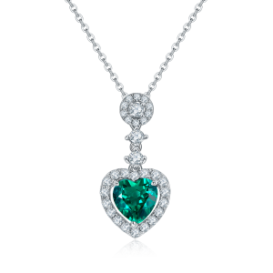 S925 Silver 4.2g Platinum Plated 1.45ct Lab-Created Emerald Heart Necklace, 8mm Halo Pendant, 40&5cm