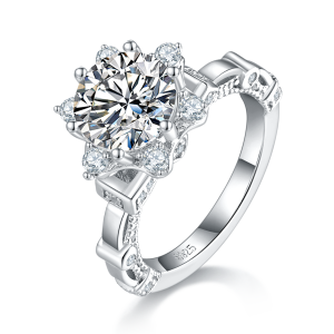 S925 Sterling Silver 2ct Moissanite Ring, 8mm D-VVS1 Star Halo Split Shank, Platinum Plated US Sizes 5-9, GRA Certificate Gift Box