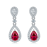 S925 Silver 3.9g Lab-Created Ruby Drop Earrings, 0.8ct 7x5mm Halo, Pair
