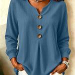 Loose-fit V-neck Button-down Solid-color Casual Top For Fallwinter