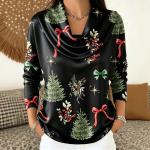 Autumn Christmas Tree Bow Print Turtleneck Printed Long-Sleeve Womens Top