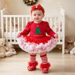 Baby Christmas Long-sleeve Cartoon Romper Dress Red Tulle One-piece Outfit Four-piece Set
