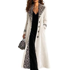Retro Leopard-print Color-block Lapel Single-breasted Long-sleeve Trench Coat