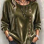 Solid-color Velvet Long-sleeve Top With Slanted Wooden Buttons Asymmetrical Round Neckline