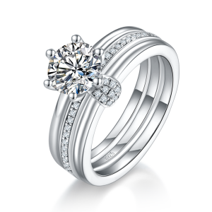 S925 Sterling Silver 1ct D Color VVS1 Moissanite Ring Set 6.5mm Stone Platinum Plated GRA Certified US Size 5-9 Gift Box