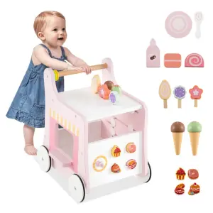 2-in-1 Baby Walker with 8 Fun Activities (Dessert Sorter/Adjustable Clock/Maze) + Side Shop Window (Role Play)-Pink