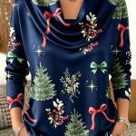 Autumn Christmas Tree Bow Print Turtleneck Printed Long-Sleeve Womens Top