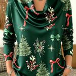 Autumn Christmas Tree Bow Print Turtleneck Printed Long-Sleeve Womens Top