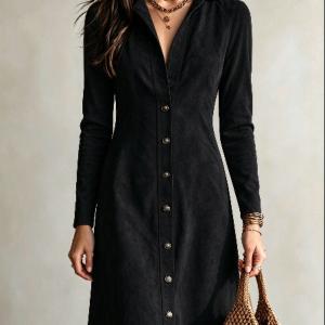 New Autumn Womens Solid-Color Faux Suede Buttoned Slim-Fit Long Dress