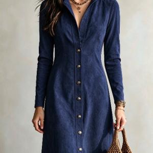 New Autumn Womens Solid-Color Faux Suede Buttoned Slim-Fit Long Dress