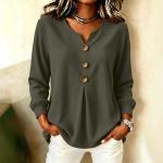 Loose-fit V-neck Button-down Solid-color Casual Top For Fallwinter