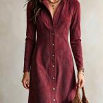 New Autumn Womens Solid-Color Faux Suede Buttoned Slim-Fit Long Dress