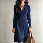 New Autumn Womens Solid-Color Faux Suede Buttoned Slim-Fit Long Dress