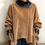 Corduroy And Leather Patchwork Asymmetrical Stand-collar Coat
