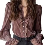European And American Vintage Velvet Women's V-neck Blouse