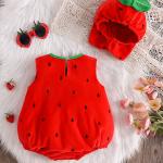 Babys Fallwinter Strawberry-themed Romper And Hat Two-piece Set