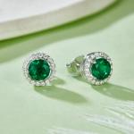 S925 Silver 2.6g Lab-Created Emerald Halo Stud Earrings, 1ct 5mm, Pair