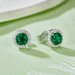 S925 Silver 2.6g Lab-Created Emerald Halo Stud Earrings, 1ct 5mm, Pair