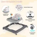 Grey Foldable Baby Walker with Detachable Tray & Shape Sorter Toys, 3-Level Height Adjustable for 6-12 Months