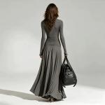 V-neck Double-breasted Long Sleeve Waist-controlled Large Hem Dress