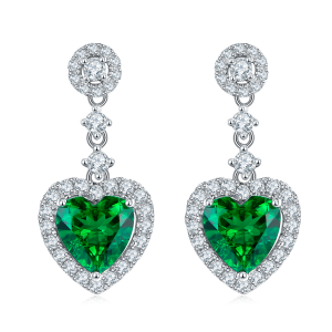 S925 Silver 3.5g Lab-Created Emerald Heart Drop Earrings, 1.38ct 7mm Halo, Pair