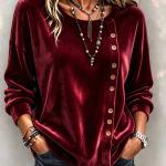 Solid-color Velvet Long-sleeve Top With Slanted Wooden Buttons Asymmetrical Round Neckline