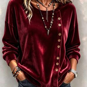 Solid-color Velvet Long-sleeve Top With Slanted Wooden Buttons Asymmetrical Round Neckline