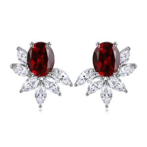 S925 Silver 7.3g Lab Created Gemstone Earrings, 10x8mm Multi-Color Flower Studs, Ruby Sapphire Emerald Paraiba