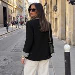 Turn-down Collar Plaid Color-blocked Loose-fit Long-sleeve Blazer