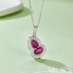 S925 Silver 2.7g Lab-Created Ruby Necklace, 6.4mm Two-Stone Halo Pendant, 40&5cm