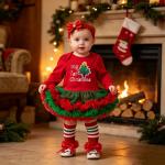 Baby Christmas Long-sleeve Cartoon Romper Dress Red Tulle One-piece Outfit Four-piece Set
