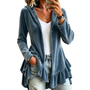 New Fallwinter Womens Hooded Solid-color Long-sleeve Loose-fit Button-front Cardigan