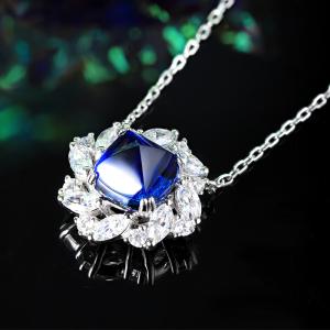 S925 Silver 5.6g Lab-Created Ruby Sapphire Emerald Necklace, 9x9mm Cushion Cut, 40&5cm
