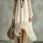 Women's Fashion Pure Color Mesh Irregular Flowy Dress