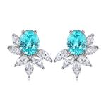 S925 Silver 7.3g Lab Created Gemstone Earrings, 10x8mm Multi-Color Flower Studs, Ruby Sapphire Emerald Paraiba