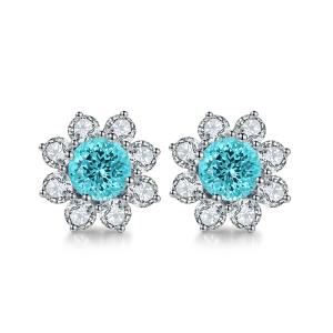 S925 Silver 4.1g Flower Lab-Created Gemstone Earrings, 6.5mm Ruby Sapphire Paraiba Spinel
