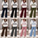 Womens Casual Color-Block Striped Top And Pants Set