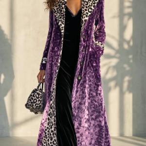 Retro Leopard-print Color-block Lapel Single-breasted Long-sleeve Trench Coat