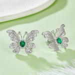 S925 Silver 6.6g Platinum Plated Butterfly Earrings, 0.39ct Lab-Created Emerald, Pair