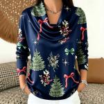 Autumn Christmas Tree Bow Print Turtleneck Printed Long-Sleeve Womens Top