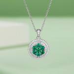 S925 Silver 3.5g 0.75ct Lab-Created Emerald Necklace, Cluster Halo Pendant, 40&5cm
