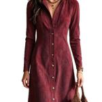 New Autumn Womens Solid-Color Faux Suede Buttoned Slim-Fit Long Dress