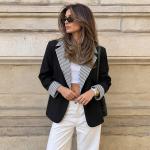 Turn-down Collar Plaid Color-blocked Loose-fit Long-sleeve Blazer